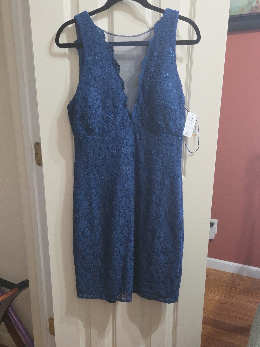 Lace V-Neck Sheath Dress By R &M Richards With Sparkle in Peacock Blue Size 12
